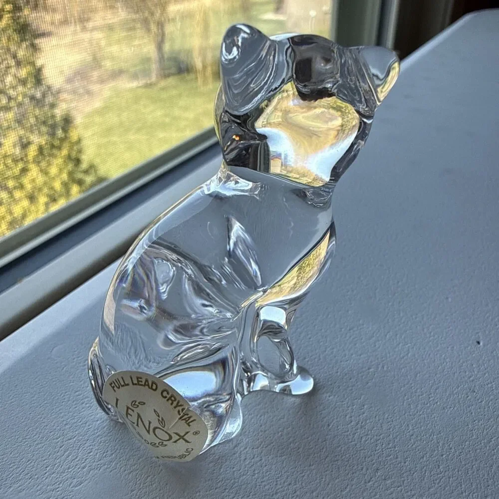 Vintage Lenox Crystal Glass Seated Cat Figurine Paper Weight Made Czech Republic